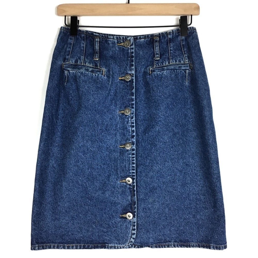 VINTAGE Jean Skirt 90s Y2K Denim Button Front Retro Modest Minimalist Size 9/10